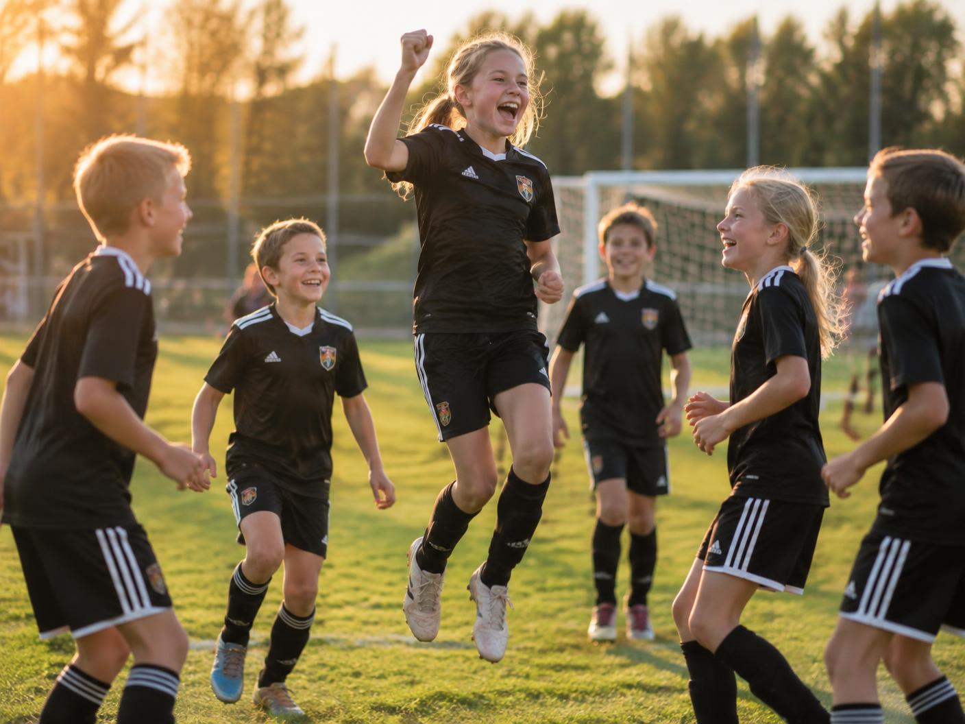 Barn som jublar på fotbollsplanen
