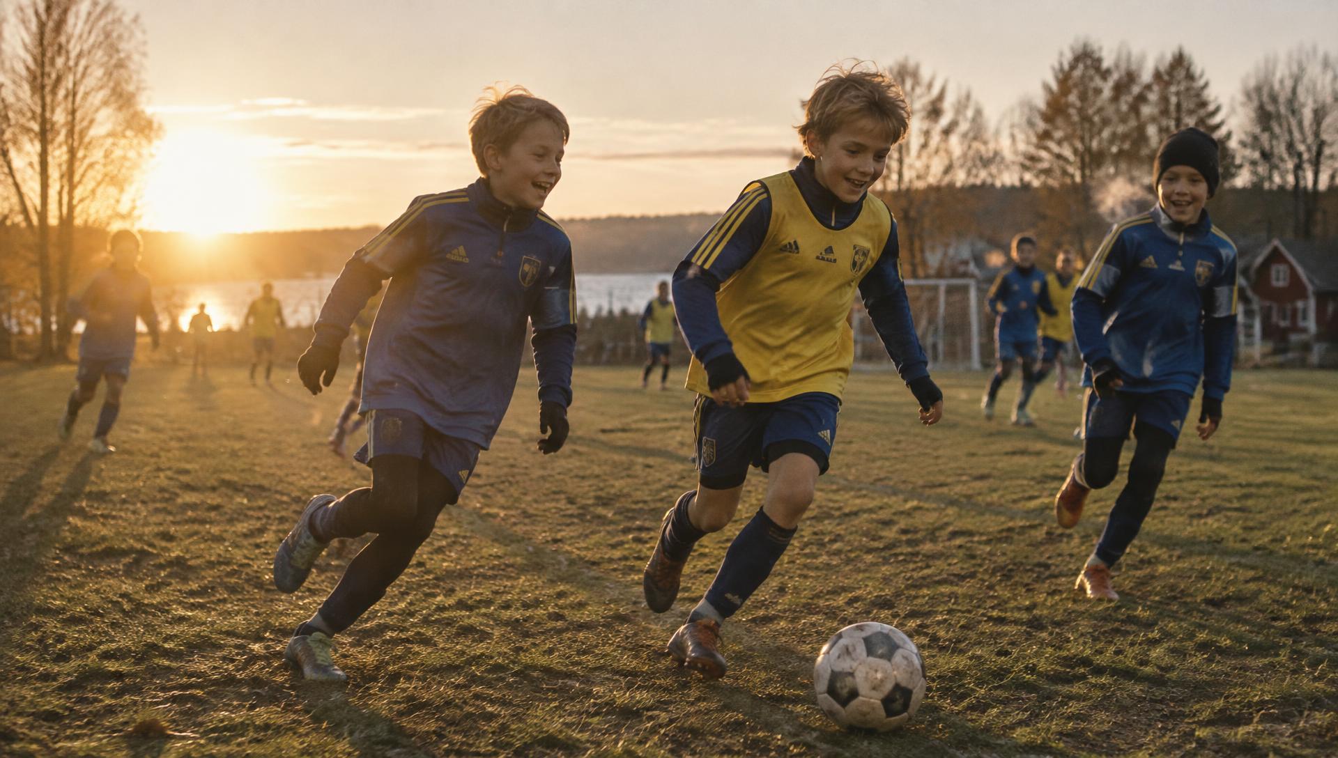Youth football training in the evening sun